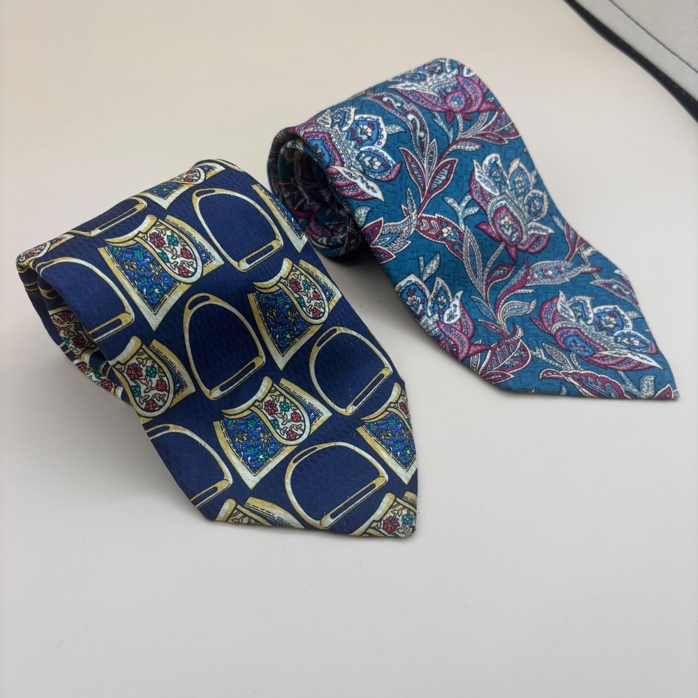 Burberrys Vintage Silk Tie Bundle Mens Navy Equestrian Teal Paisley 2 Piece Set